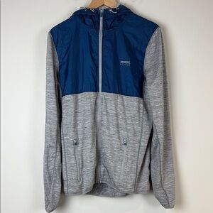 Running Room Men's Blue and Gray Lightweight Hooded Jacket with Zip-Up Design